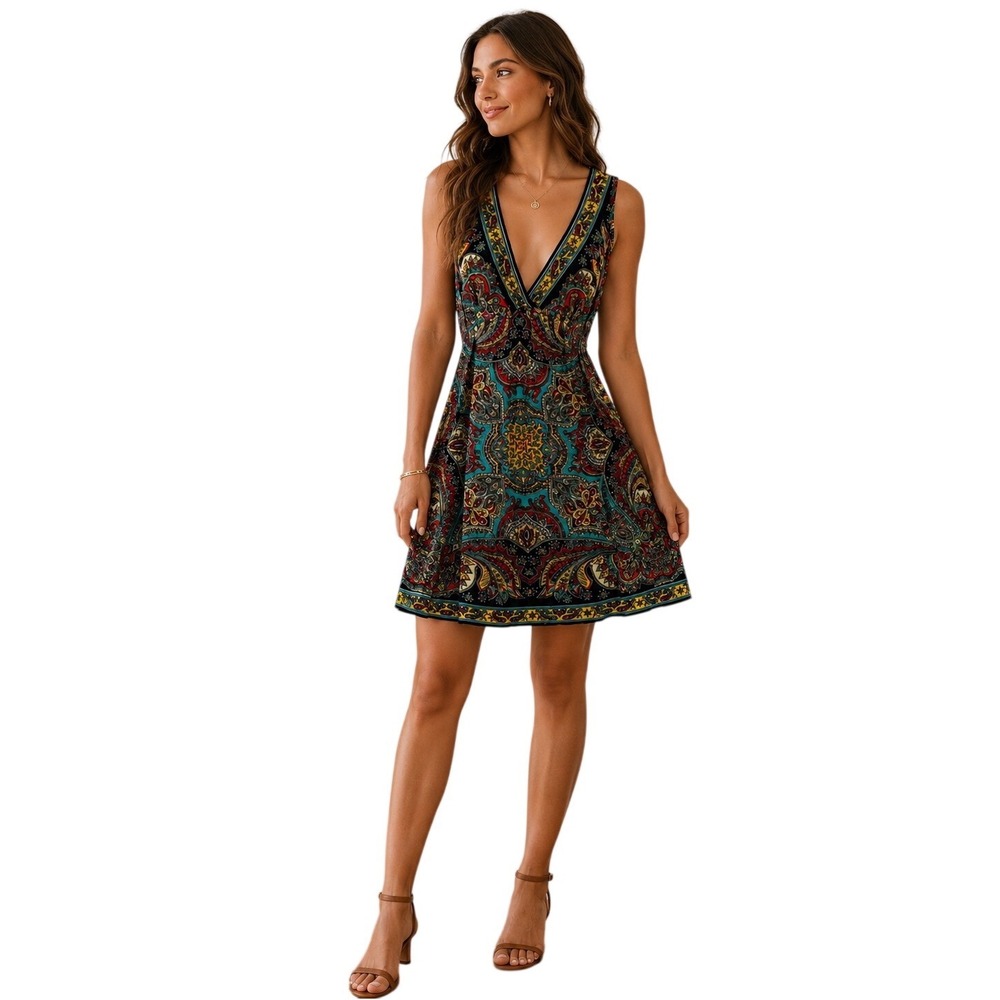 Vintage Angie Sundress Womens Medium Black Paisley Boho V-Neck Y2K 100% Cotton - Picture 1 of 9
